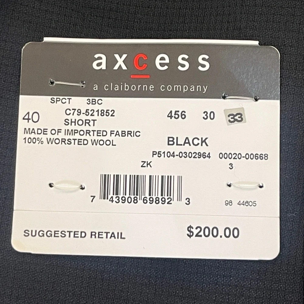 NWT Axcess Claiborne Co Mens 40S Black 100% Worsted Wool 3 Button Blazer Jacket